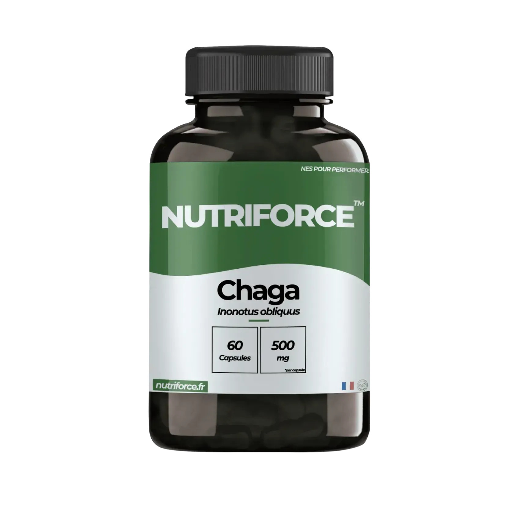 Pot de gélules de Chaga Nutriforce, champignon adaptogène pour l'immunité et le soutien antioxydant