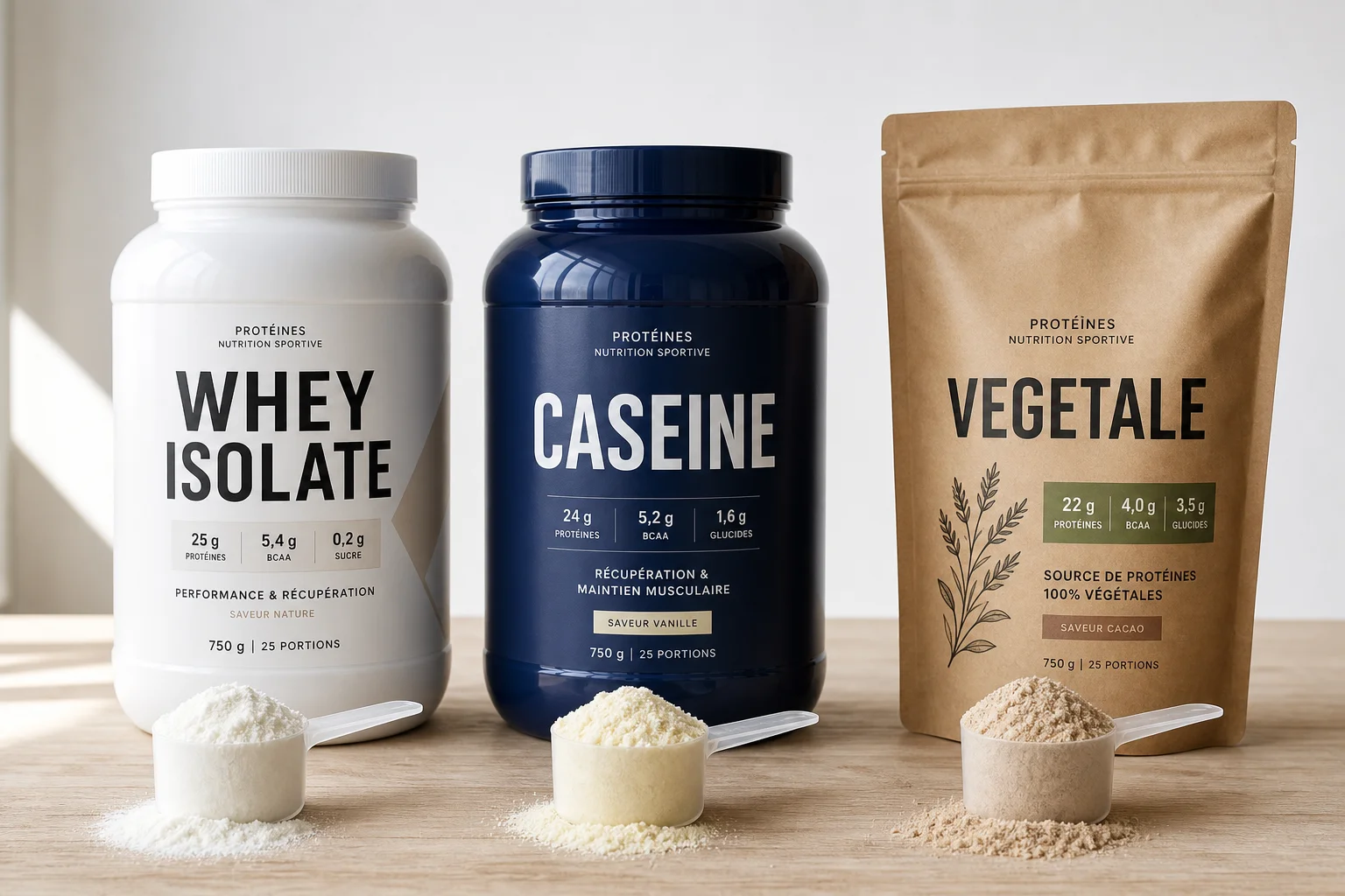 Comparaison visuelle des types de protéines en poudre : whey concentrée, isolat et protéines végétales — profils nutritionnels distincts