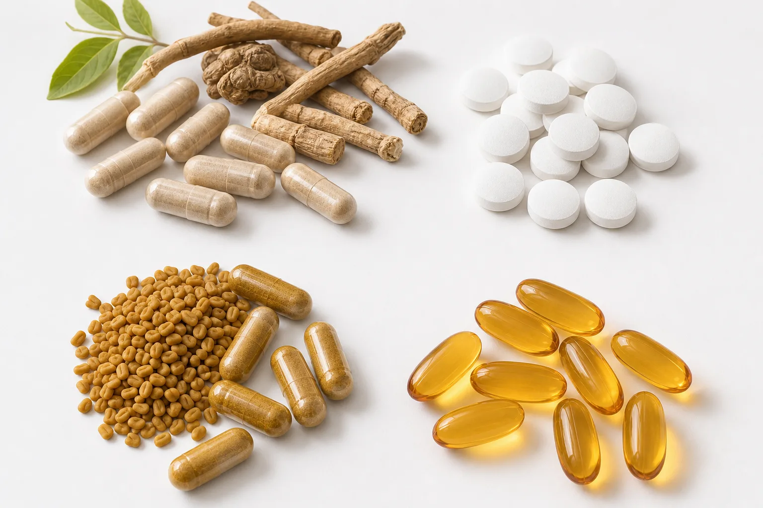 Les quatre compléments naturels aux meilleures preuves pour la testostérone : ashwagandha, zinc, fenugrec et vitamine D3