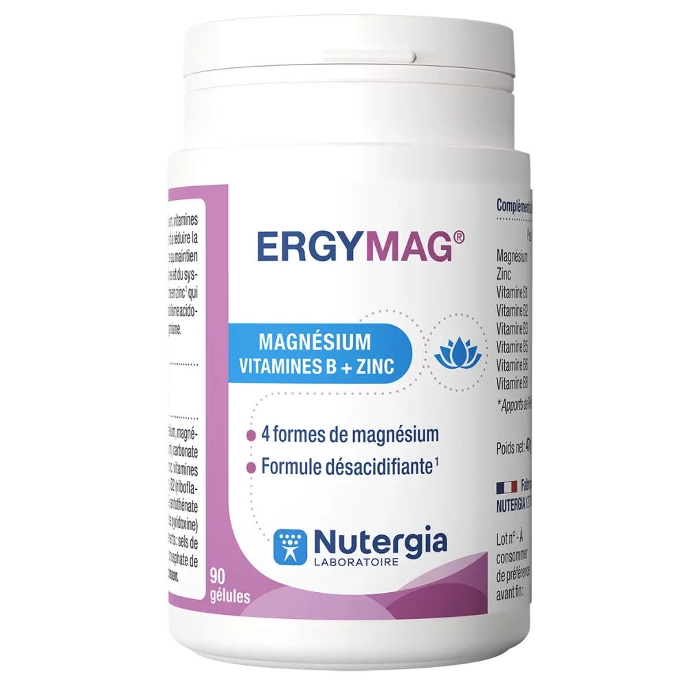 Boîte de gélules de magnésium ERGYMAG Nutergia avec zinc et vitamines B pour réduire la fatigue et le stress