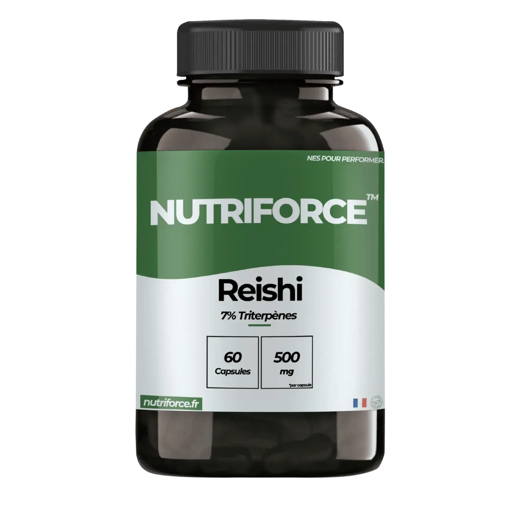 Pot de gélules de Reishi Nutriforce, champignon adaptogène pour l'immunité, le sommeil et la gestion du stress