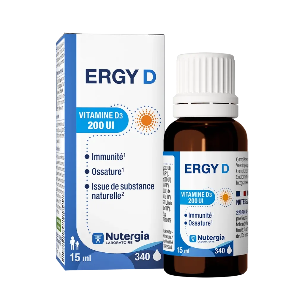 Flacon de Nutergia Ergy D Plus, vitamine D3 800 UI en gouttes