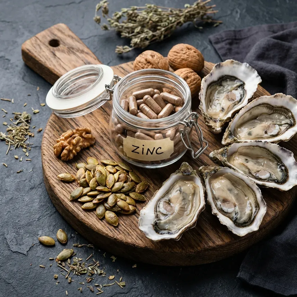 Zinc et testostérone : gélules de zinc bisglycinate et aliments riches en zinc pour optimiser les niveaux hormonaux